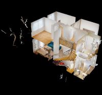 3D model of a family house interior with a staircase and a wooden decor floor.