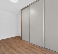 Spacious room with wood-decor flooring and a built-in wardrobe in a family house.