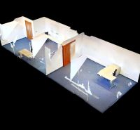 Virtual floor plan of an office with blue carpet and white walls.