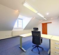 Office with white walls, a desk and a chair, with a window and a drop ceiling.