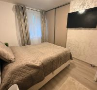 Bedroom in a 3-room apartment with a bed, television, and wood-patterned flooring.