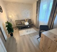 A room in a 3-room apartment with a sofa, flowers, and a wooden decor floor.