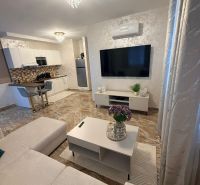 Living room in a 3-room apartment with a TV, sofa, and chandelier.