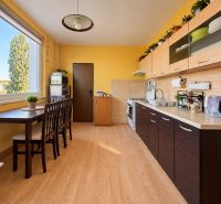 A kitchen in a 2-room apartment with a wooden decor floor and yellow walls.
