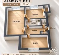 Floor plan of a 2-room apartment in Topoľčany with wood-patterned flooring.