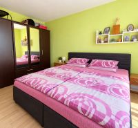 Bedroom in a 2-room apartment with a wood-patterned floor, green wall, and pink bedding.
