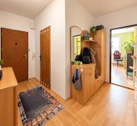 A hallway in a 2-room apartment with a wooden decor floor and a coat rack wall.