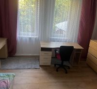 A room with wooden decor, a desk, an office chair, and a drawer cabinet.
