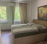 Bedroom in a 3-room apartment with a bed, wooden decor flooring, and a picture on the wall.