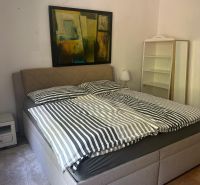 Bedroom in a 3-room apartment with a picture above the bed, a shelf, and a floor with a wooden decor.