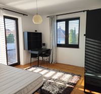 Bedroom in a family house with wood-patterned flooring, a desk, and a carpet.