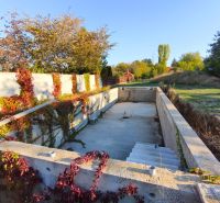 An unfinished pool surrounded by greenery and climbing plants near a family house in Zlaté Moravce.