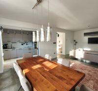 A solid wood dining table in a family house with a kitchen and living room on a floor with a wooden decor.