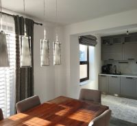 Dining table with wood decor and gray cabinets in a family house.