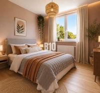 Bright bedroom in a family house with nature-themed decor and wooden-patterned flooring.