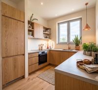 A kitchen in a family house with wooden decor, modern appliances, and lots of greenery.