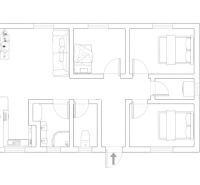 Floor plan of a family house in Čeľadice with three bedrooms and a living room.