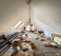 Attic with storage space and slanted roof windows in a family house.