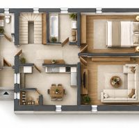 The floor plan of the family house shows a living room, bedroom, kitchen, and bathroom.