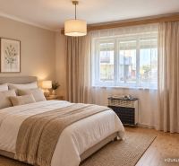 Bright bedroom with a comfortable bed, plants, and decorations in a family house.