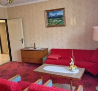 Living room in a family house with a red carpet and retro furniture.