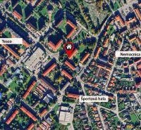 Aerial view of the area in Stará Ľubovňa on Tatranská Street, near the hospital and sports hall.