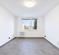 A spacious room with a window, radiator, and wooden decor flooring in a 2-room apartment.