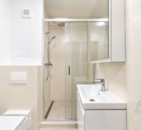 Bathroom in a 2-room apartment with a toilet, shower corner, and sink with storage space.