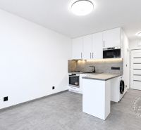 A kitchen in a 2-room apartment with white cabinets, gray flooring, and appliances.