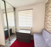 Interior of a family house with a sofa, mirrored wardrobe, and decorative wall.