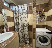 Bathroom in a family house with a sink, shower, and washing machine.