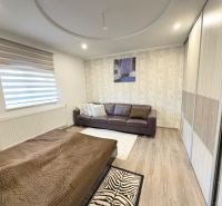 Living room in a family house with a wood-decor floor and a sofa.