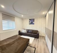 A room in a family house with a wooden decor floor, a sofa, and a bed.