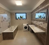 A bathroom in a family house with a shower, bathtub, washing machine, and mirror on the tiles.