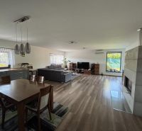Living room in a family house with a wood-patterned floor, fireplace, and dining table.