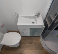 The bathroom includes a shower, a sink, and a toilet, with a floor in a wooden design.
