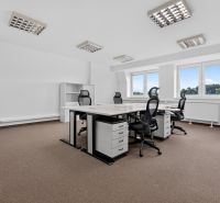 Offices with workstations, chairs, shelves, and windows, floor with wooden decor.