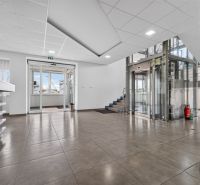 Office interiors with an elevator and entrance doors, floor with wood decor.
