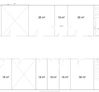 Floor plan of offices with an elevator and kitchenette. Office spaces of various sizes.