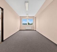 Office space with carpet and two windows, room equipped with a sink.