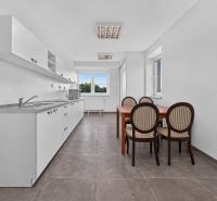 Offices with a kitchenette and dining seating, floor with dark decor.