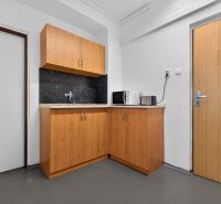 Office kitchenette with cabinets, sink, microwave, and toaster on a floor with a wood decor.