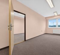 Offices with a view, carpet, pastel walls, lighting, window, radiator.