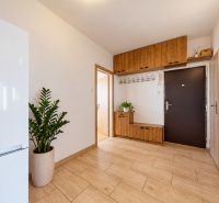 Entrance hall in a 3-room apartment with a refrigerator, coat rack, and floor with wooden decor.