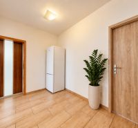 Hallway in a 3-room apartment with a wood-patterned floor and a white refrigerator.