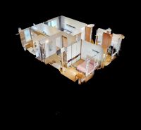 3D model of a 3-room apartment with a wooden decor floor.