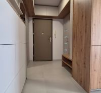 A hallway in a one-room apartment with a wooden decor floor and storage space.