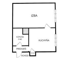 1-bedroom apartment layout with a kitchen, bathroom, and hallway.