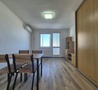 A studio apartment with a wooden floor, a table, chairs, and built-in wardrobes.