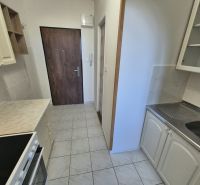 A kitchenette in a studio apartment with light cabinets and appliances, and a wood-patterned floor.
